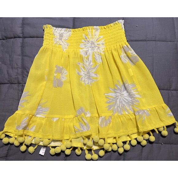 Ramy Brook Stevie Yellow Floral Smocked Mini Skirt Pom Pom Swim Cover-Up Size XS - Picture 6 of 6